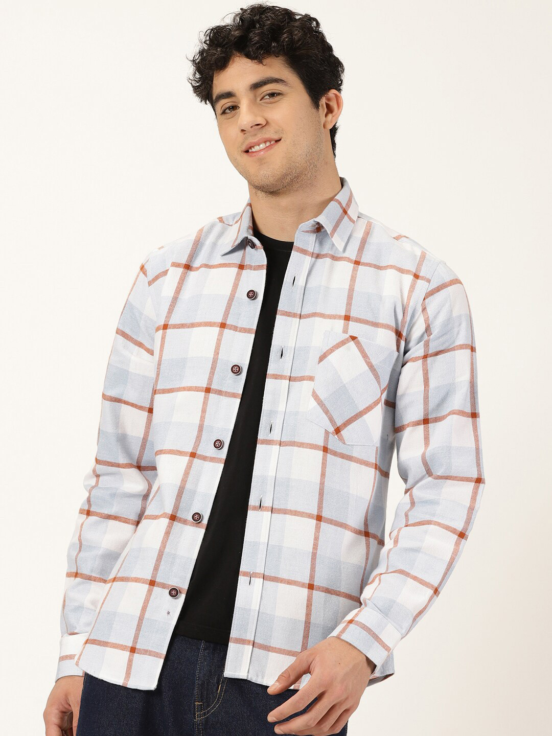 Mast & Harbour Blue Classic Tartan Checks Spread Collar Long Sleeves Cotton Casual Shirt