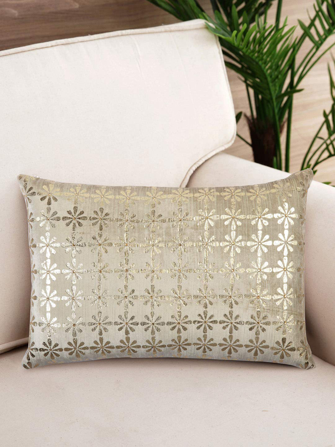 NISRAG HOME Beige and GoldToned Ethnic Motifs SLUB FOIL Velvet Cushion Covers