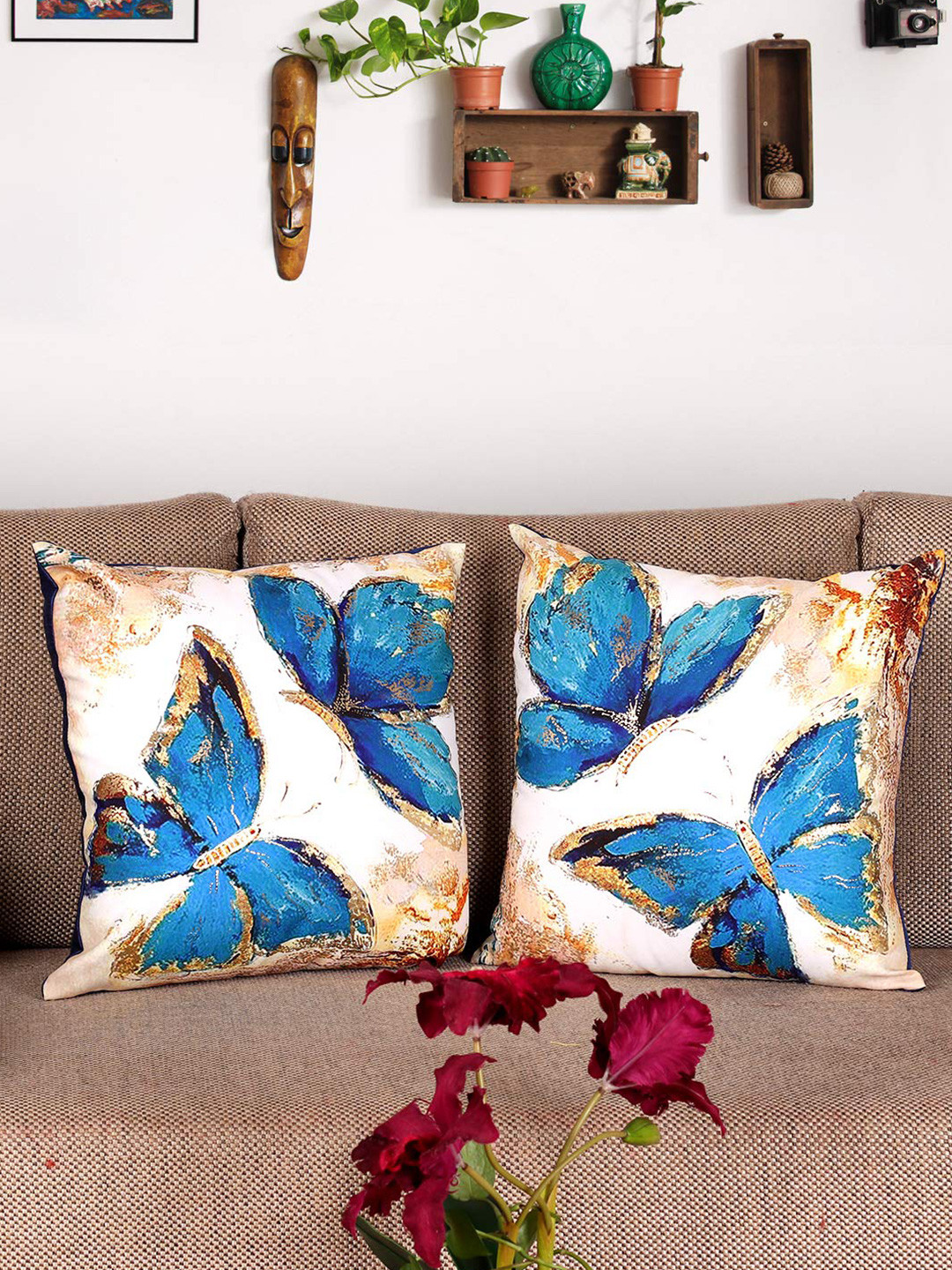 NISRAG HOME Cream Coloured 2 Pieces Ethnic Motifs Butterfly Cushion Covers