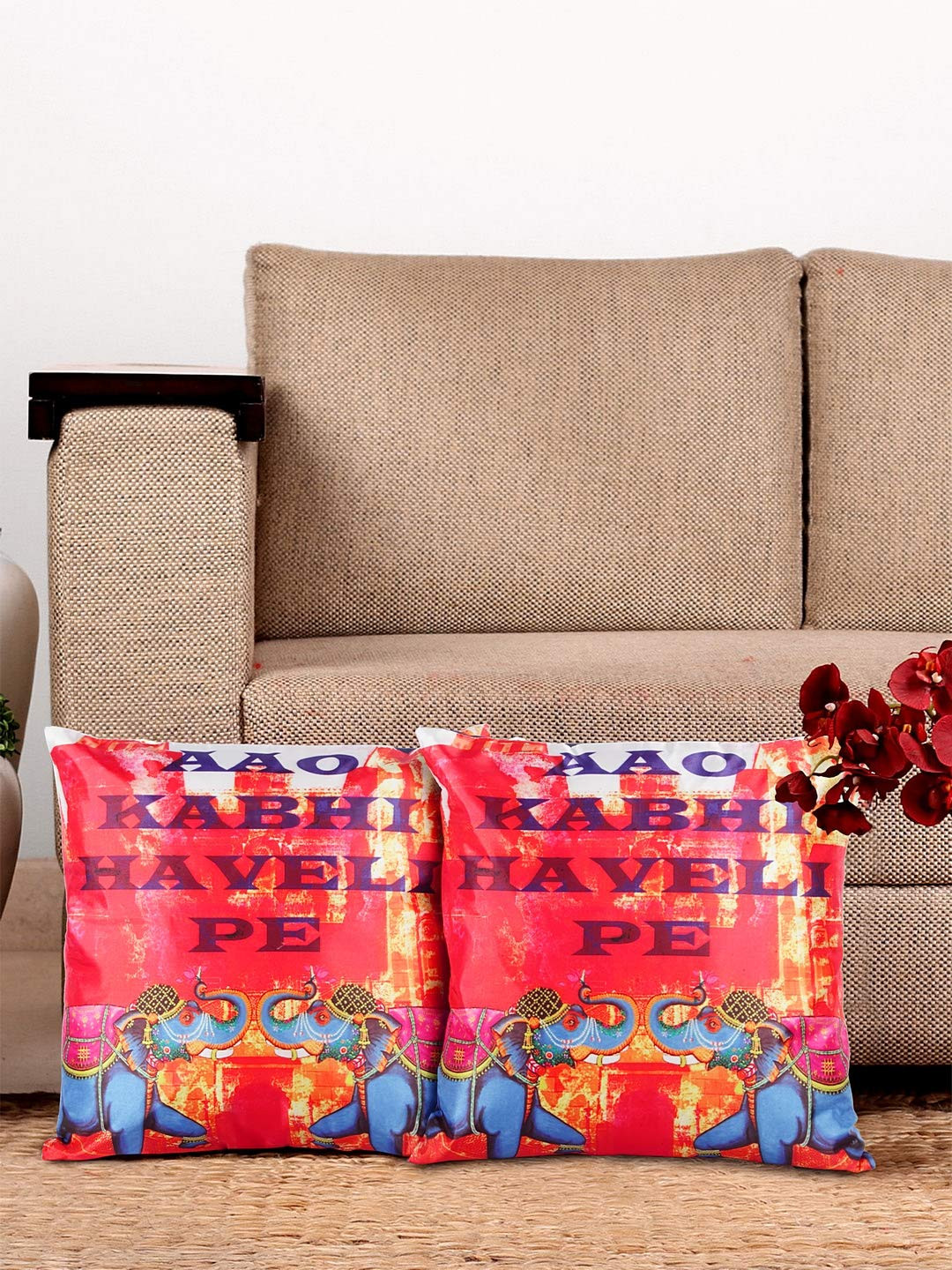 NISRAG HOME HAVELI Red Ethnic Motifs Polyester Anti-Wrinkle 2 Pcs Cushion Covers -16x16In