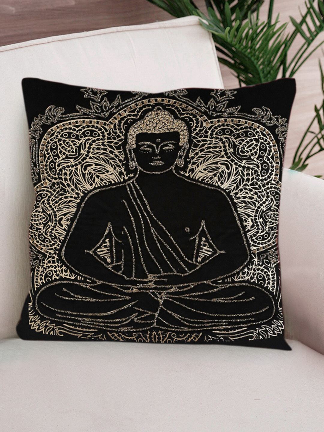 NISRAG HOME Black and GoldToned Velvet BUDDHA Cushion Covers