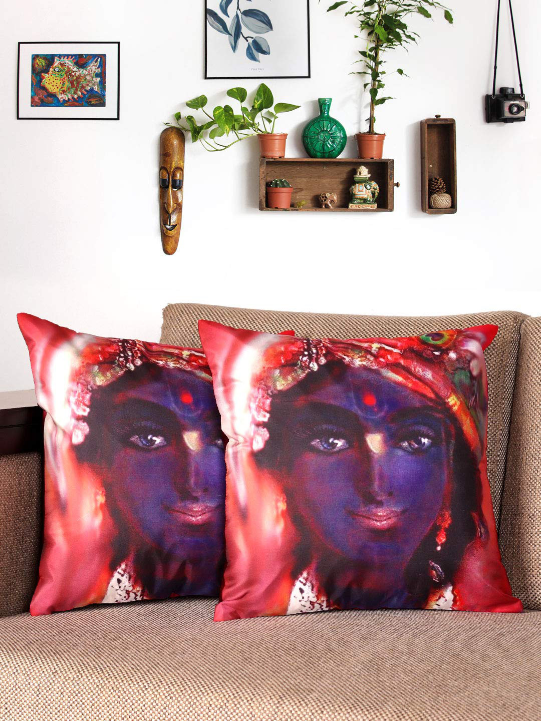 NISRAG HOME Kanha Red Graphic Polyester Washable 2 Pcs Square Cushion Covers - 16 x 16 In