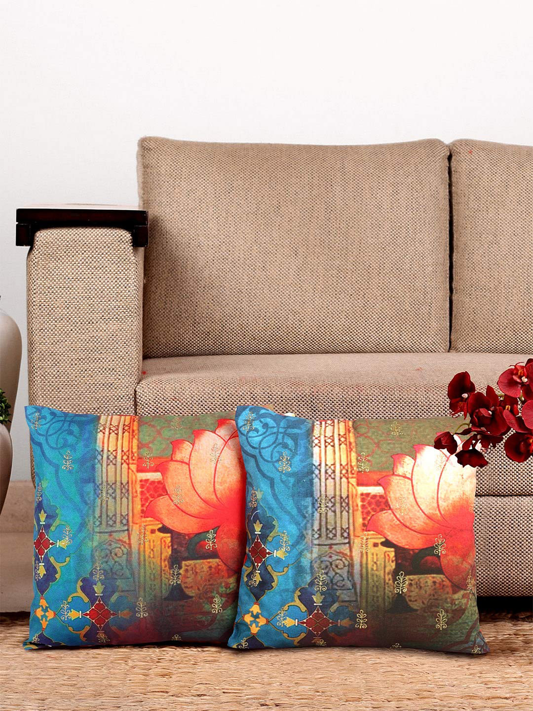NISRAG HOME Blue and Red 2 Pieces Floral EMROIDERED LOTUS Cushion Covers