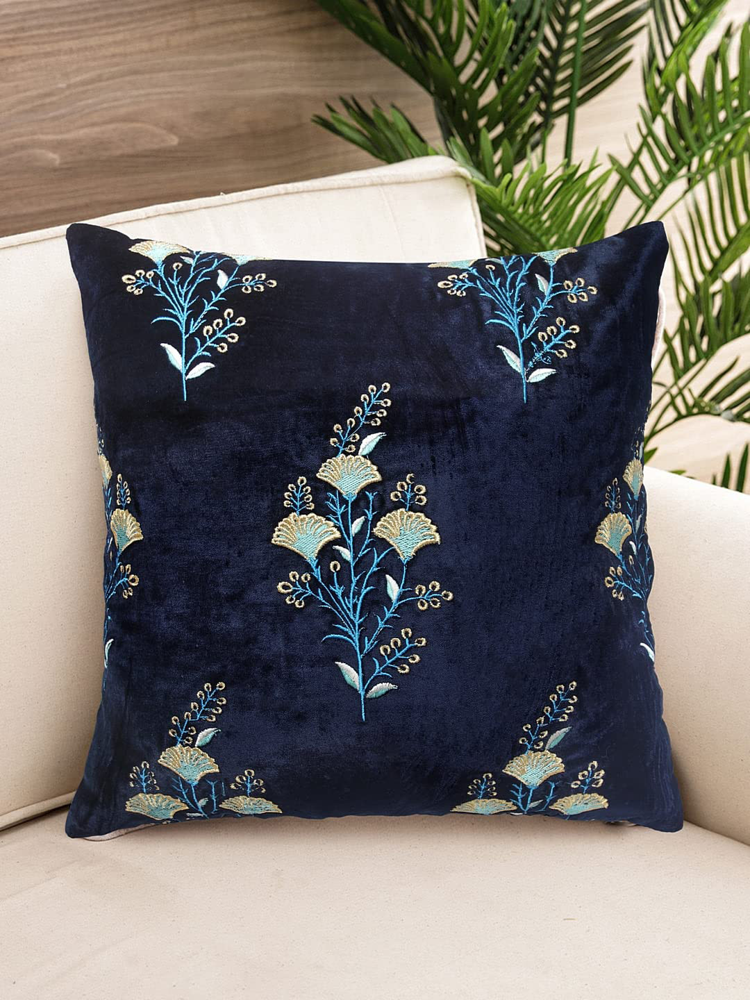 NISRAG HOME Blue and GoldToned Floral Persian Velvet Cushion Covers