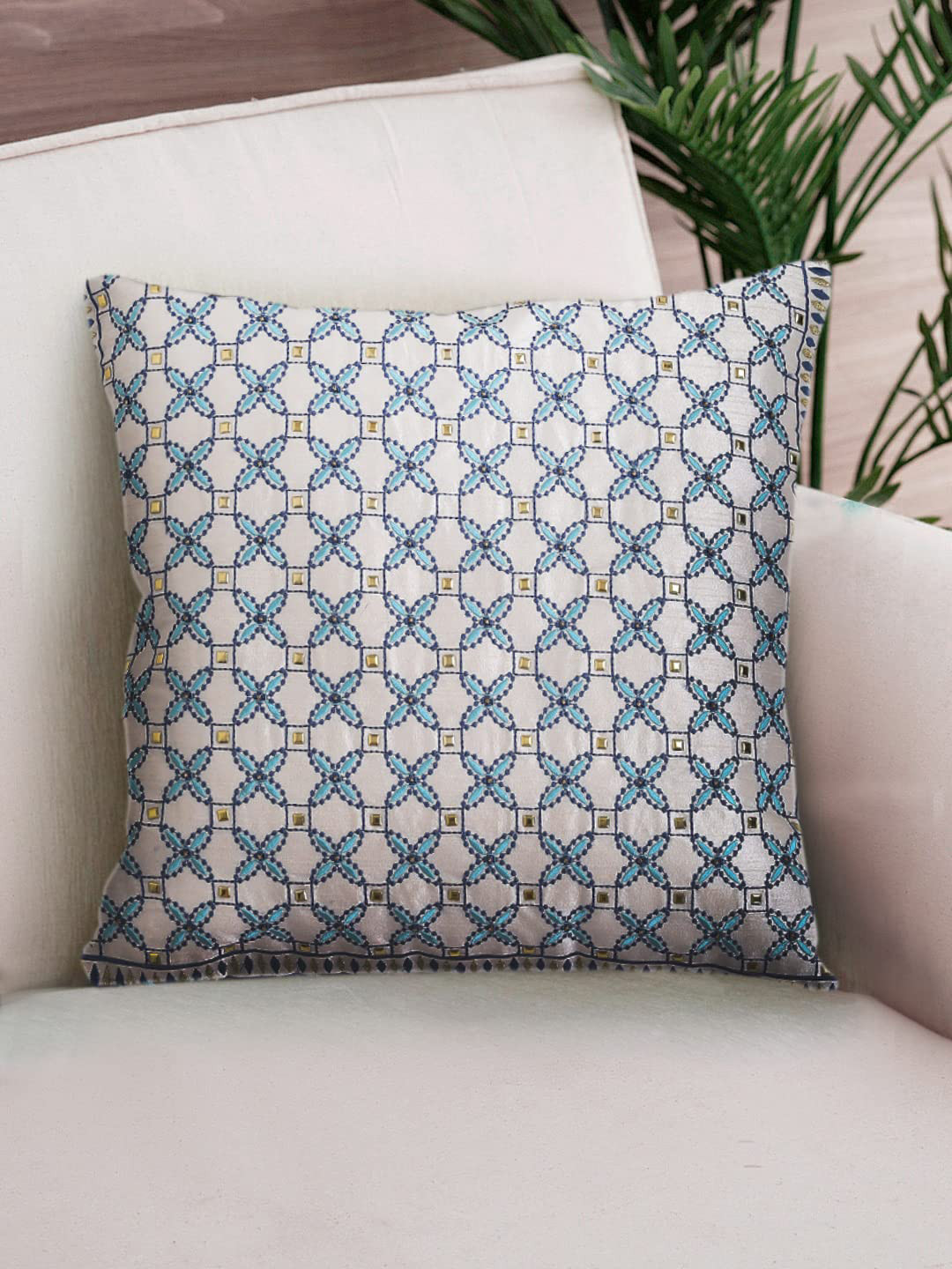 NISRAG HOME Blue Geometric Silk Washable Embellished Square Cushion Cover - 16 x 16 Inches