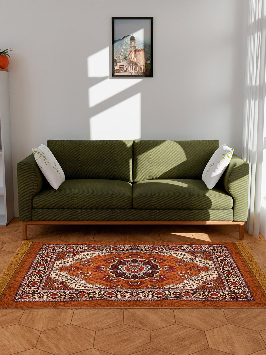 Kuber Industries Orange Ethnic Motifs Printed Anti Skid Carpet Rug