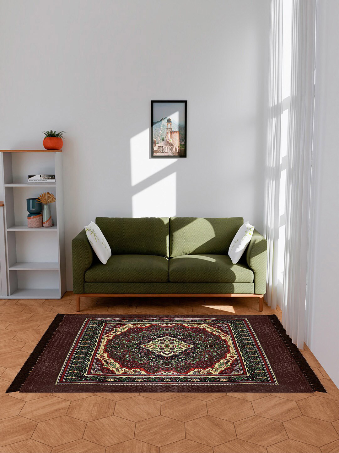Kuber Industries Brown Floral Printed Anti Skid Carpet Rug