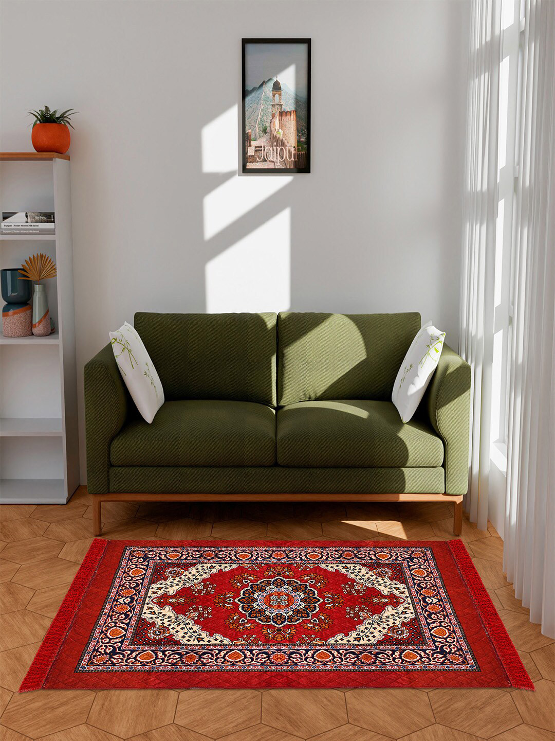 Kuber Industries Red Ethnic Motifs Printed Anti Skid Carpet Rug