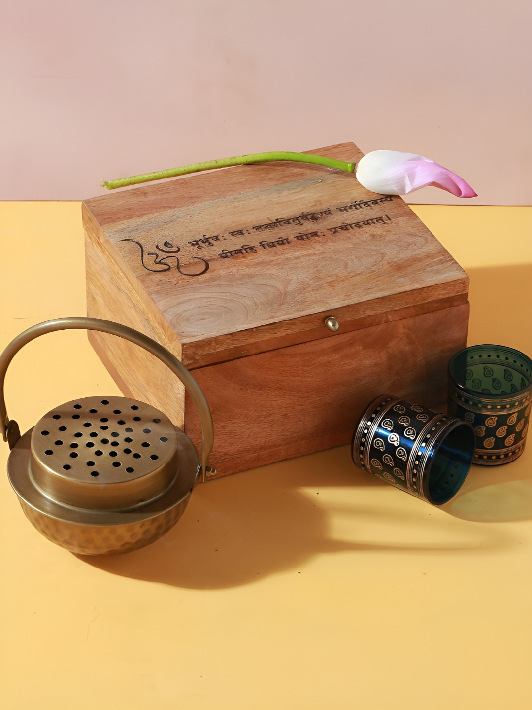 Manor House Brown & Blue Gayatri Mantra Printed Gift Box Hamper With Loban & Glass Votives