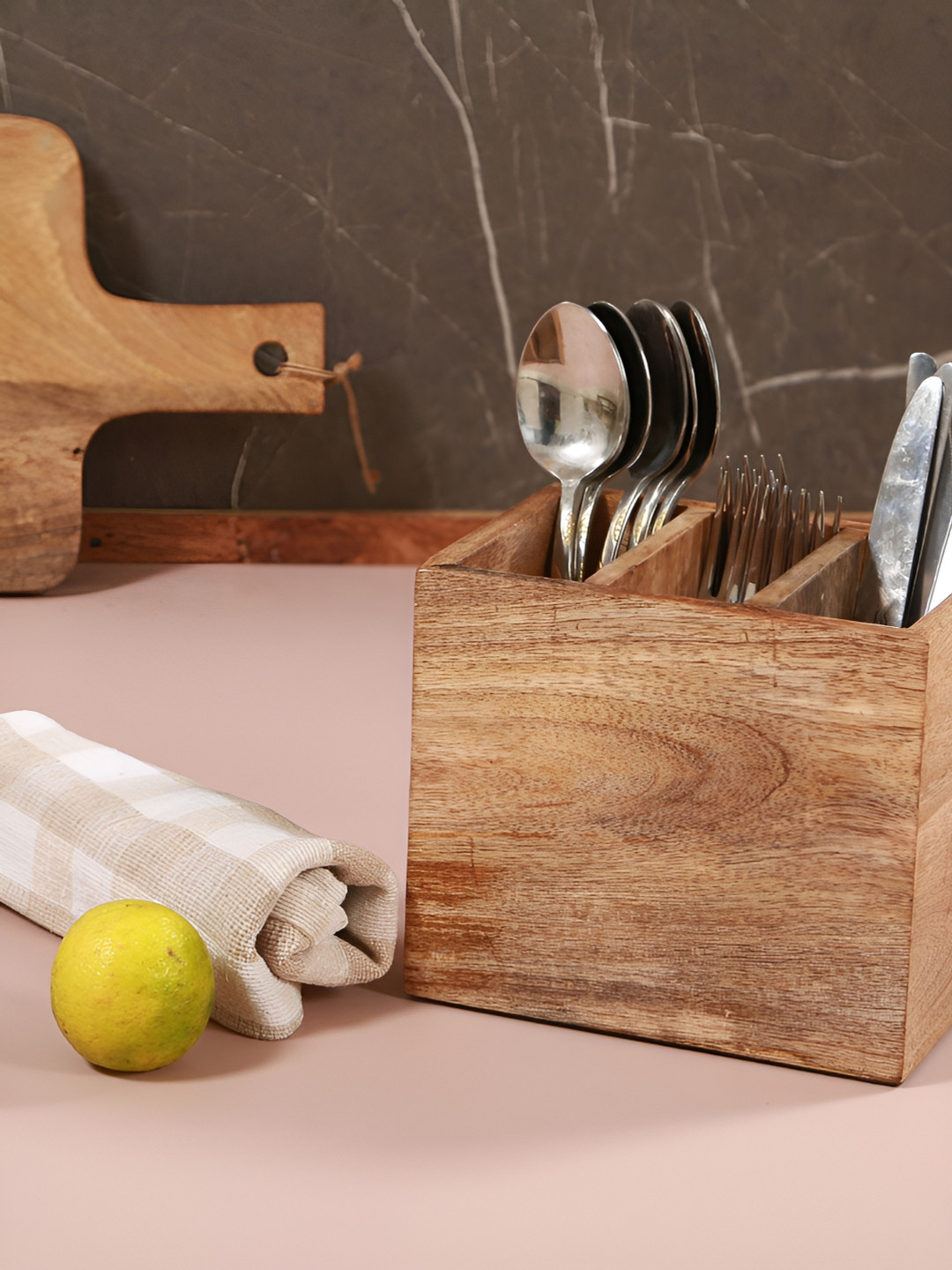 Manor House Brown 3 Sections Wooden Cutlery Holder