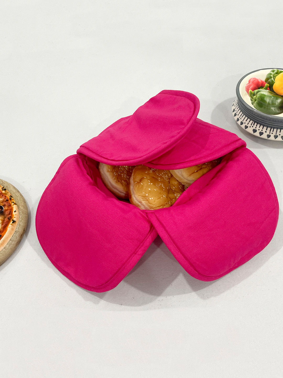 SWAYAM Pink Wood Microwave Safe Cane Bread Basket With Cotton Foam Filled Cover