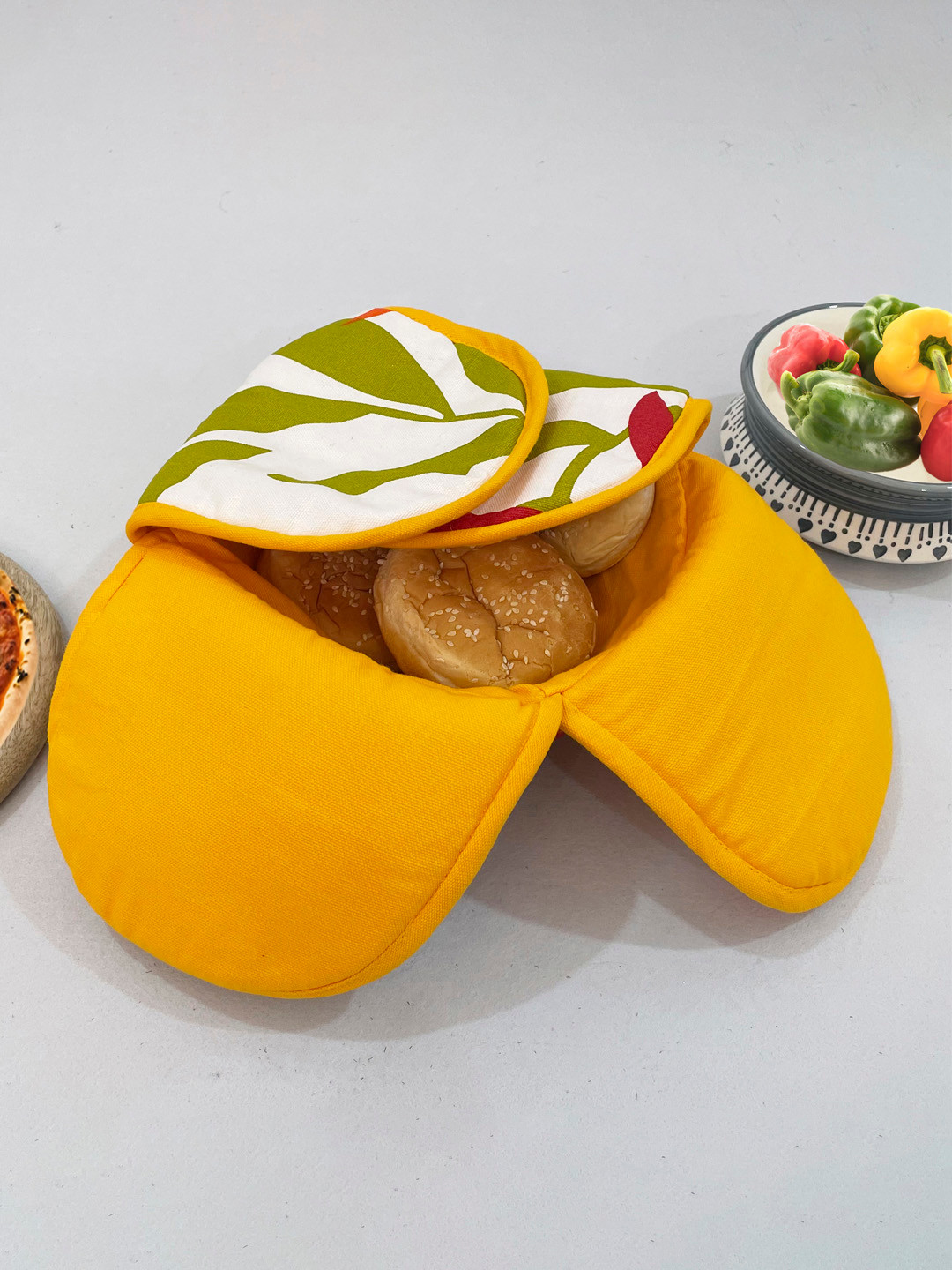 SWAYAM Yellow Wood Microwave Safe Cane Bread Basket With Cotton Foam Filled Cover