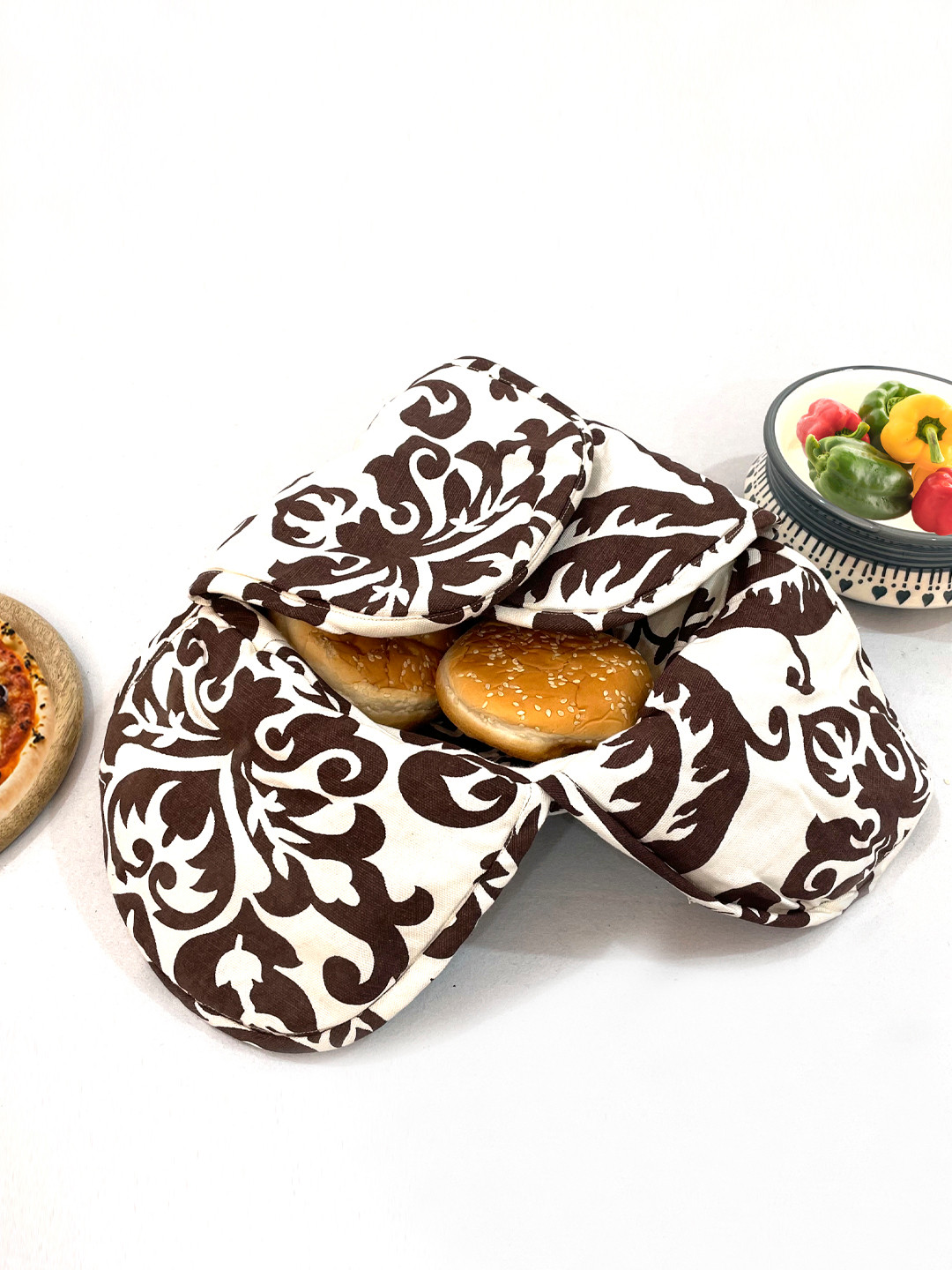 SWAYAM White Wood Microwave Safe Cane Bread Basket With Cotton Foam Filled Cover