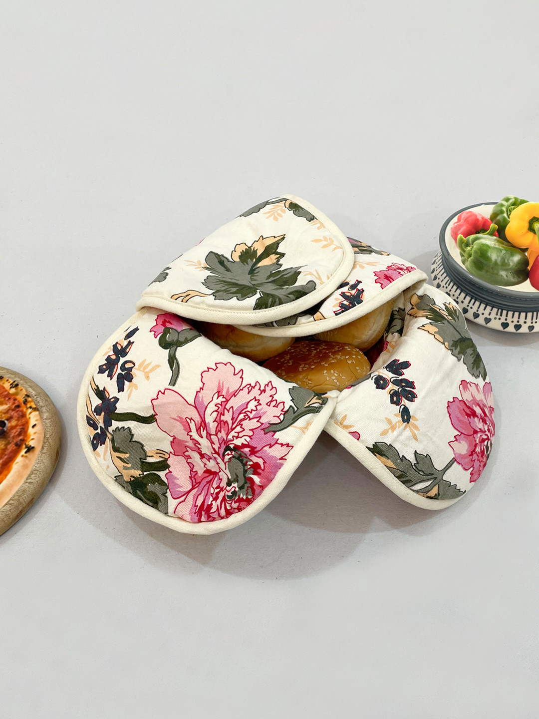 SWAYAM Off White Wood Microwave Safe Cane Bread Basket With Cotton Foam Filled Cover