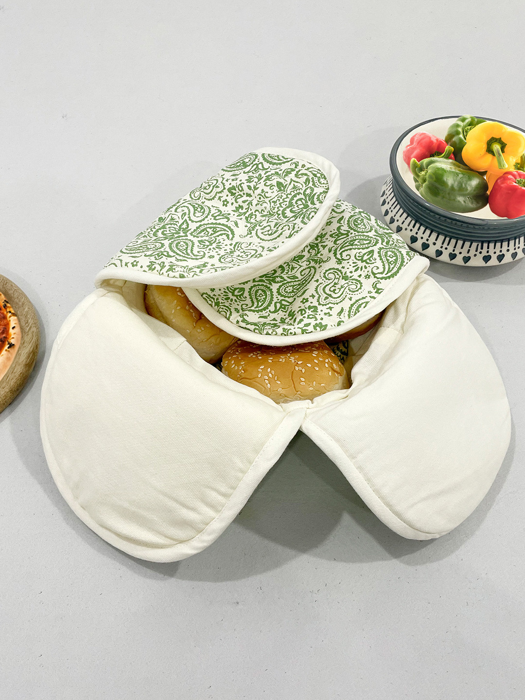 SWAYAM Green Wood Microwave Safe Cane Bread Basket With Cotton Foam Filled Cover