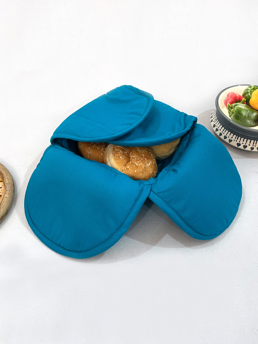 SWAYAM Blue Wood Microwave Safe Cane Bread Basket With Cotton Foam Filled Cover