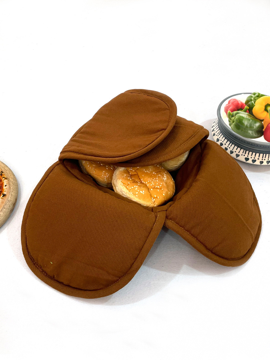 SWAYAM Brown Wood Microwave Safe Cane Bread Basket With Cotton Foam Filled Cover