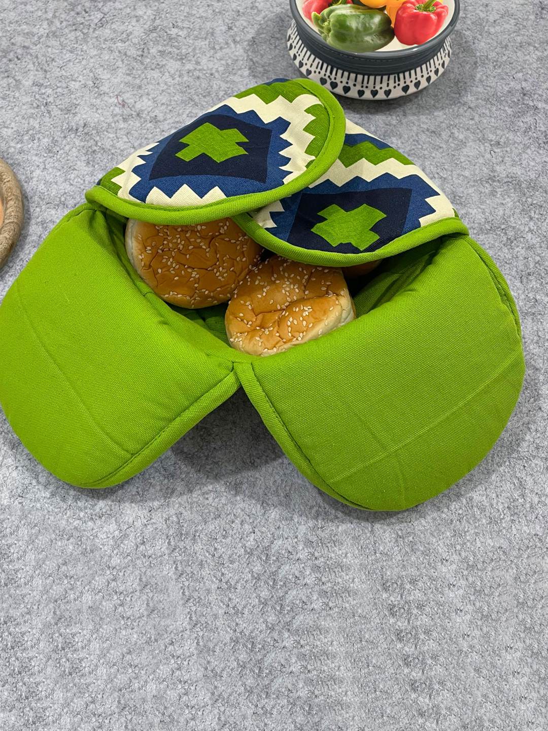 SWAYAM Green Wood Microwave Safe Cane Bread Basket With Cotton Foam Filled Cover