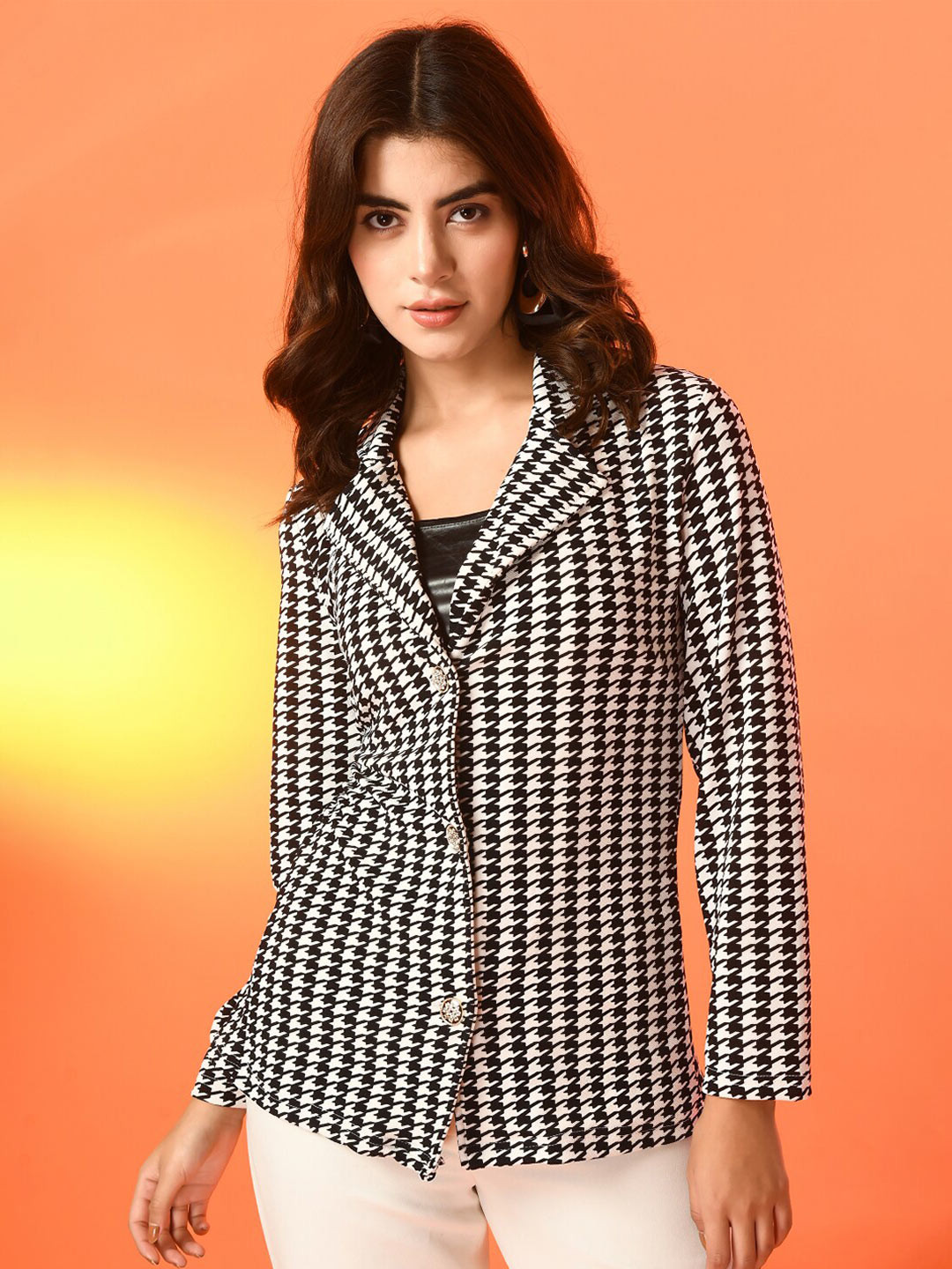 IUGA Checked Lapel Collar Long Sleeves Tailored Jacket