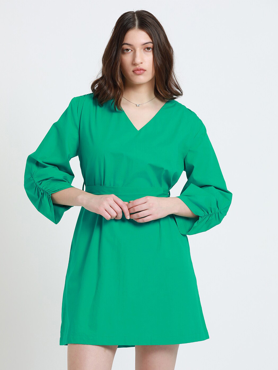 DL Woman V-neck Puff Sleeves A-Line Dress