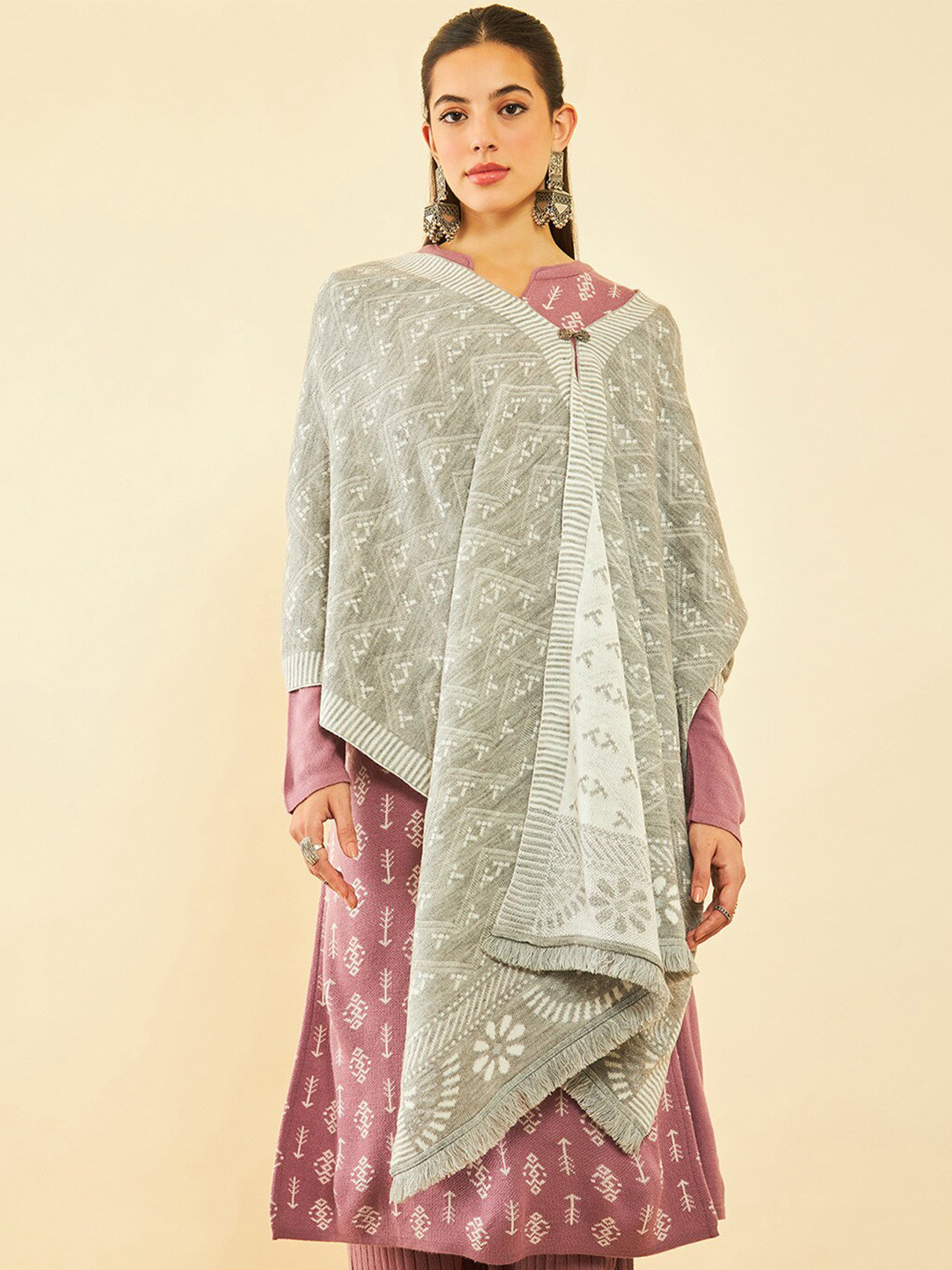 Soch Grey Woven Design Acrylic Shawl