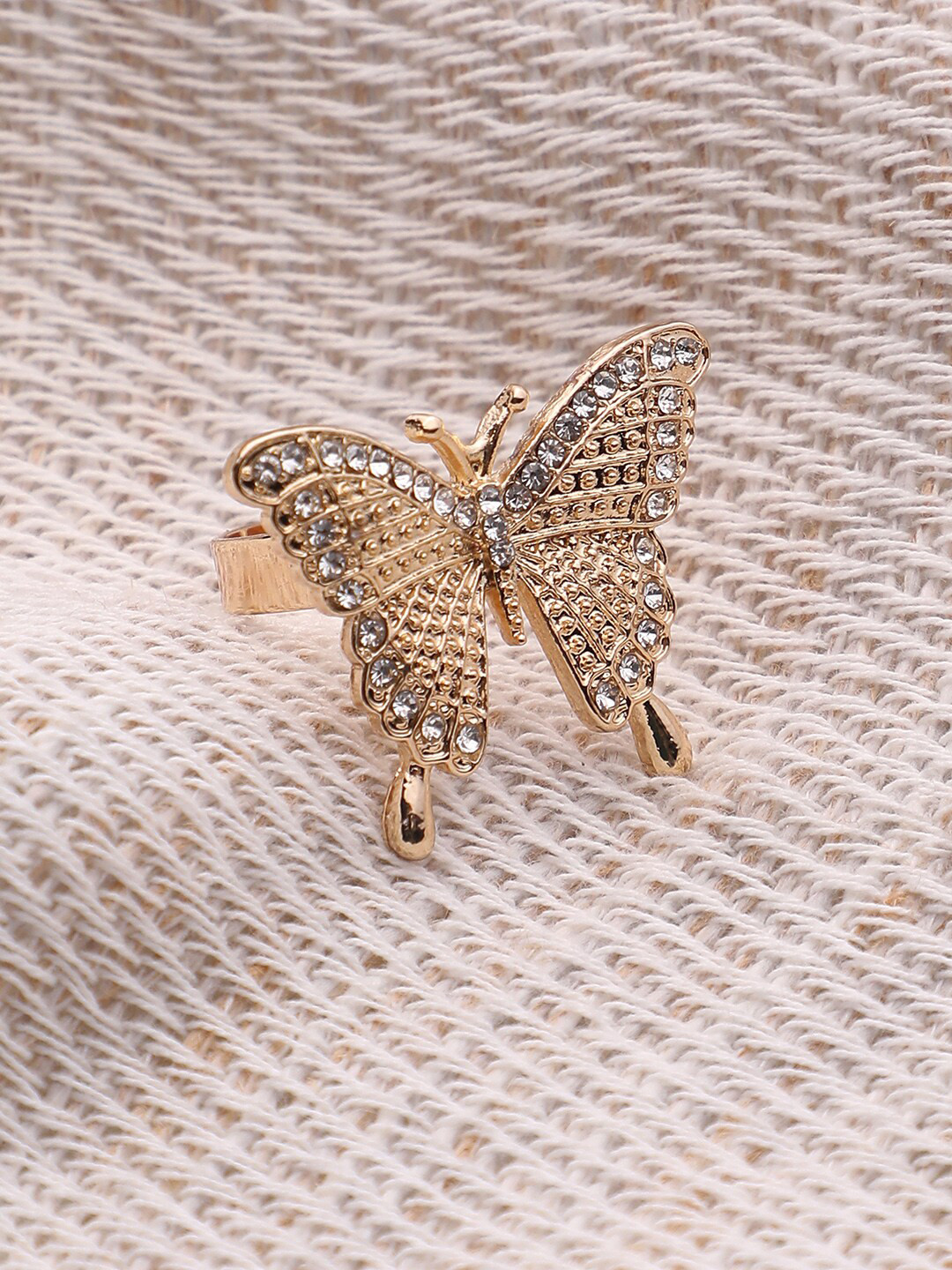 DressBerry White Gold-Plated Stone Studded Adjustable Butterfly Design Finger Ring