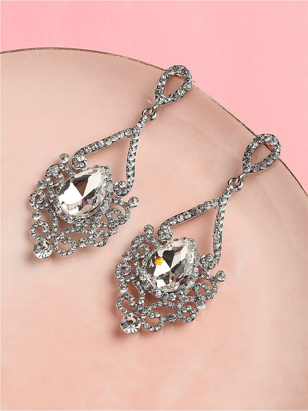 DressBerry White Silver-Plated Stone Studded Chandelier Drop Earrings