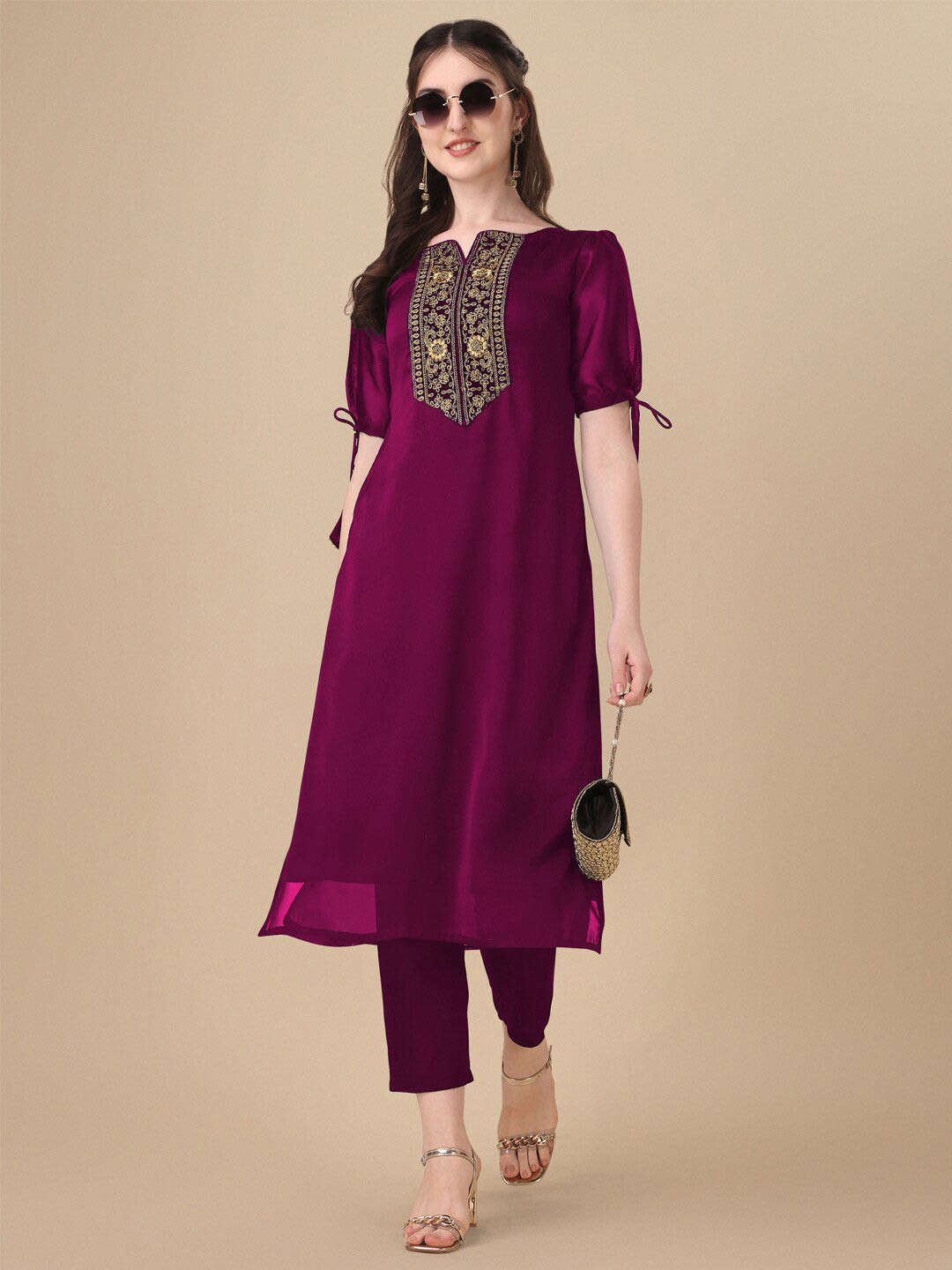 GOROLY Ethnic Motifs Embroidered Notch Neck Puff SleevesPure Silk A-Line Kurta