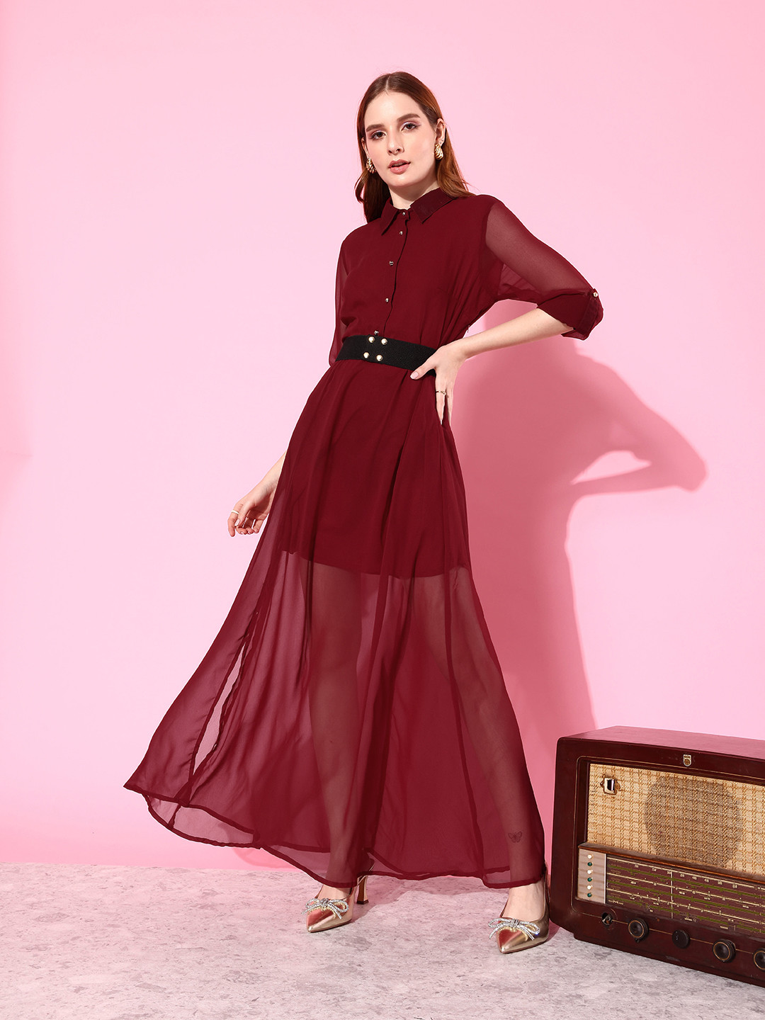 ANVI Be Yourself Solid Maroon Roll Up Sleeve Georgette Fit and Flare Slitted Dress