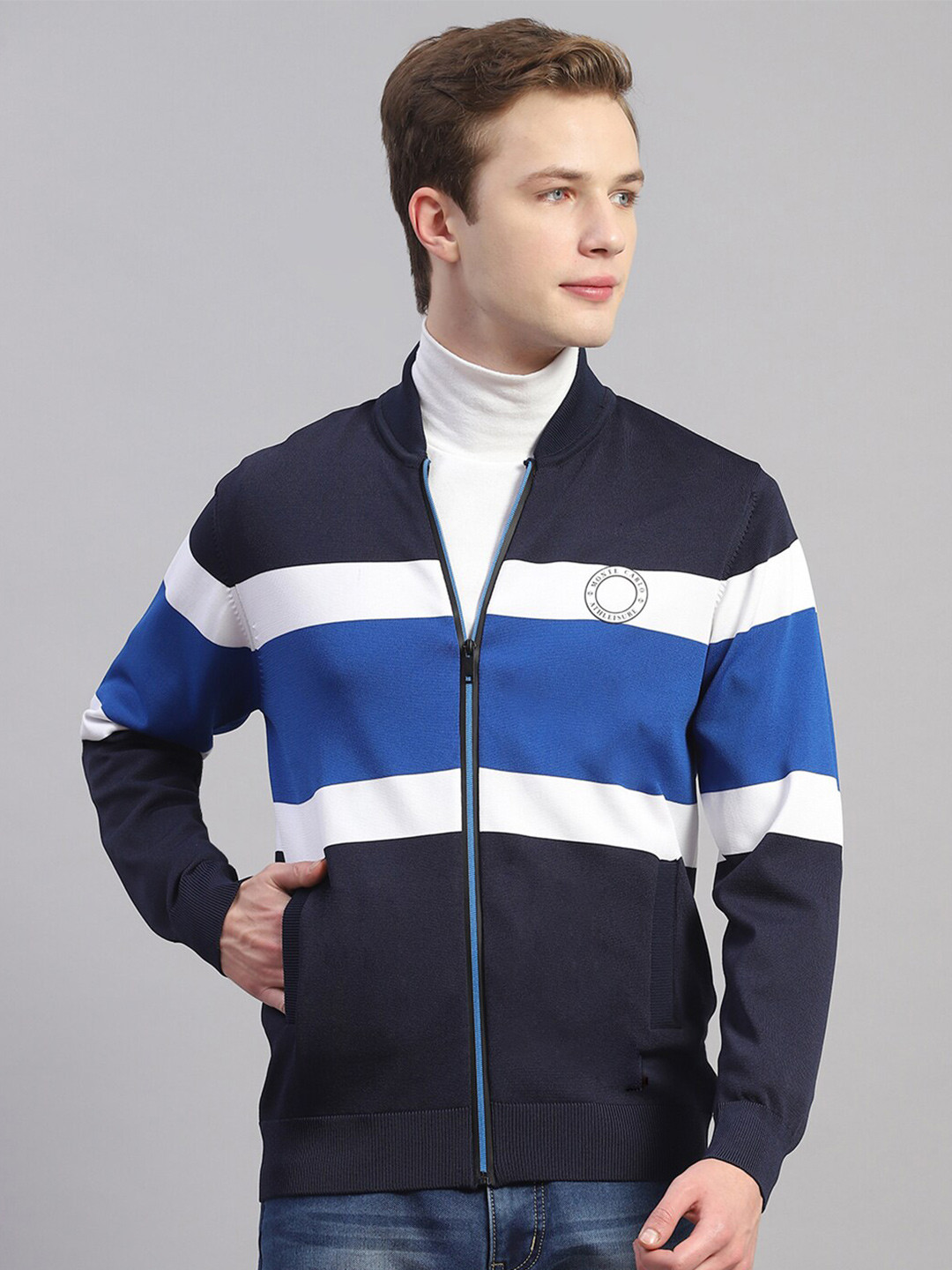 Monte Carlo Striped Stand Collar Cardigan Sweater