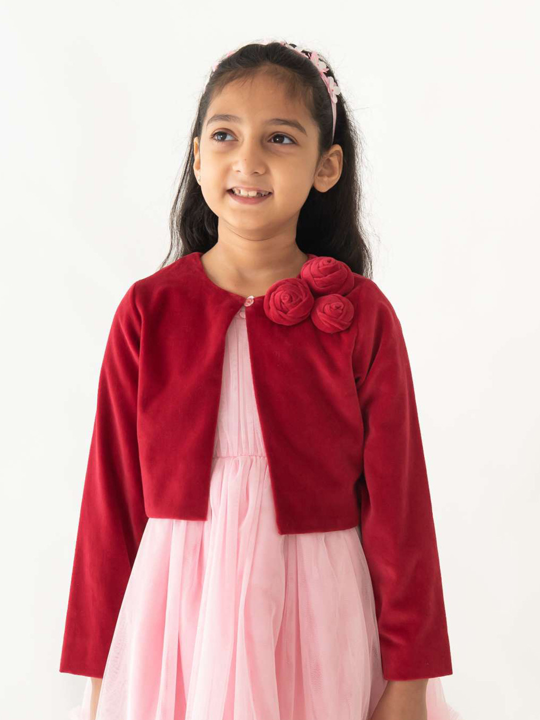 A Little Fable Girls Rosette Velvet Shrug