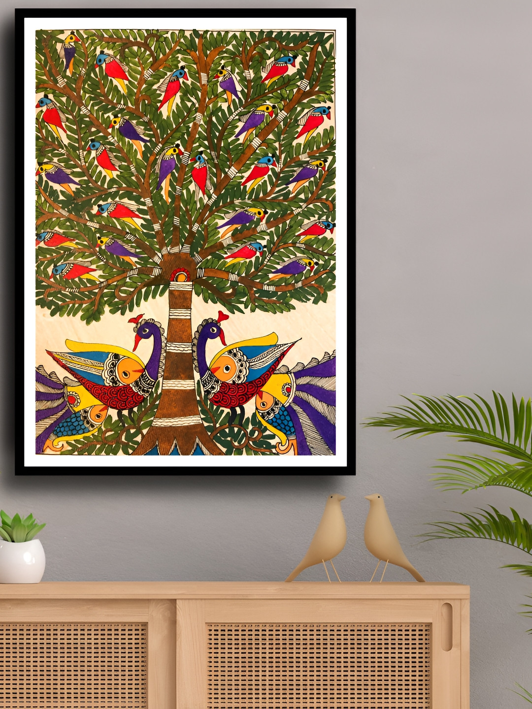 ARTDARSHAN Peacock & Tree Paper Wall Rectangle Paintings Wall Art - 15 x 19 In