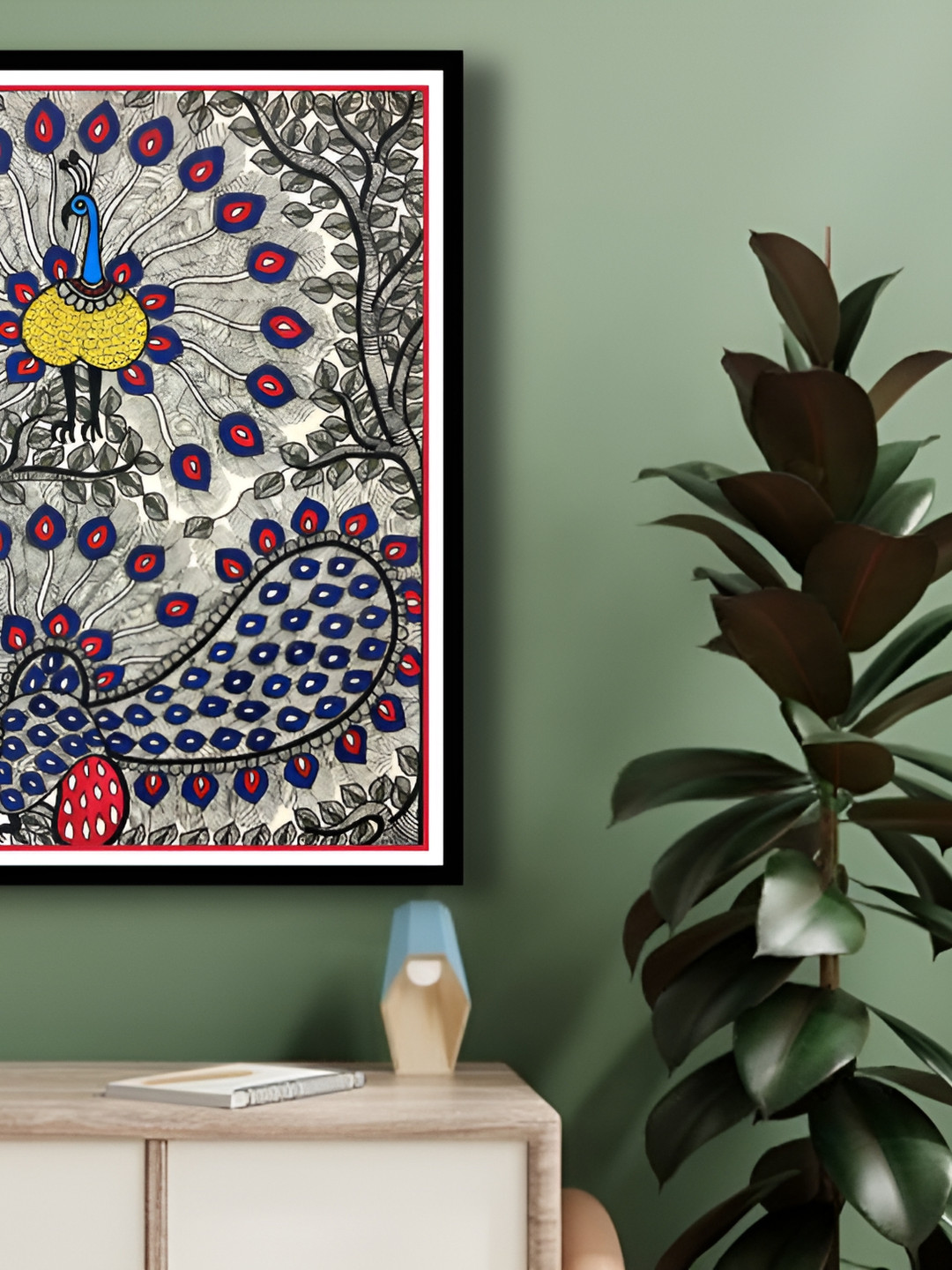 ARTDARSHAN Madhubani Peacock Paper Wall Rectangle Paintings Wall Art - 19 x 15In