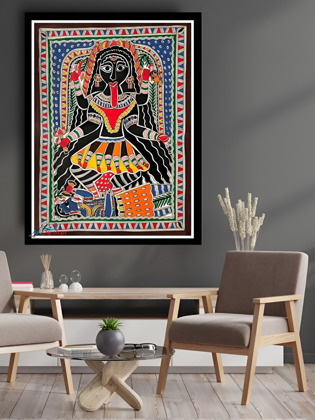 ARTDARSHAN Black & Blue Maa Kali Madhubani Rectangular Paintings Wall Art