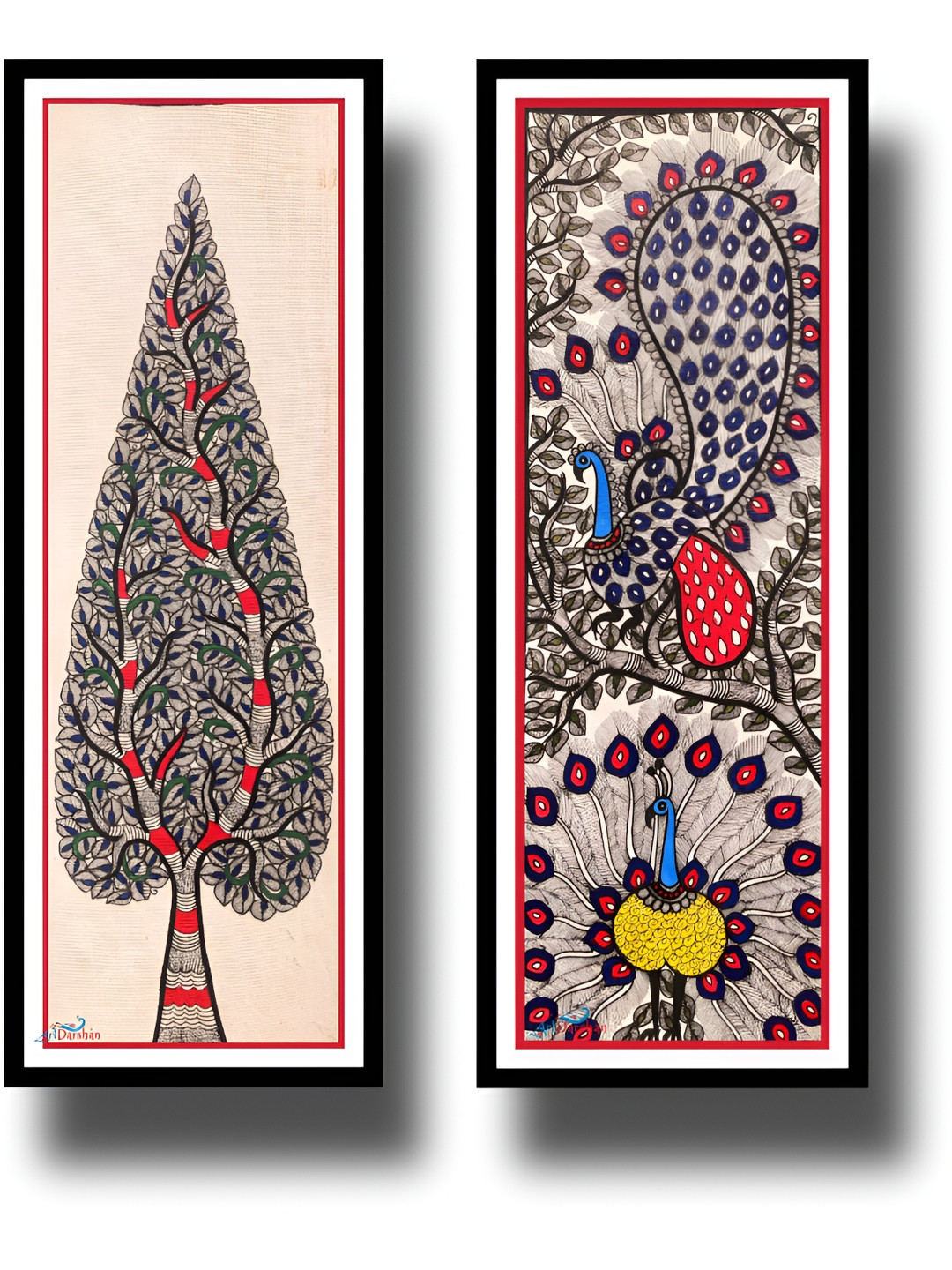 ARTDARSHAN Black & Yellow 2 Pieces Madhubani Peacock & Tree Painting Wall Art