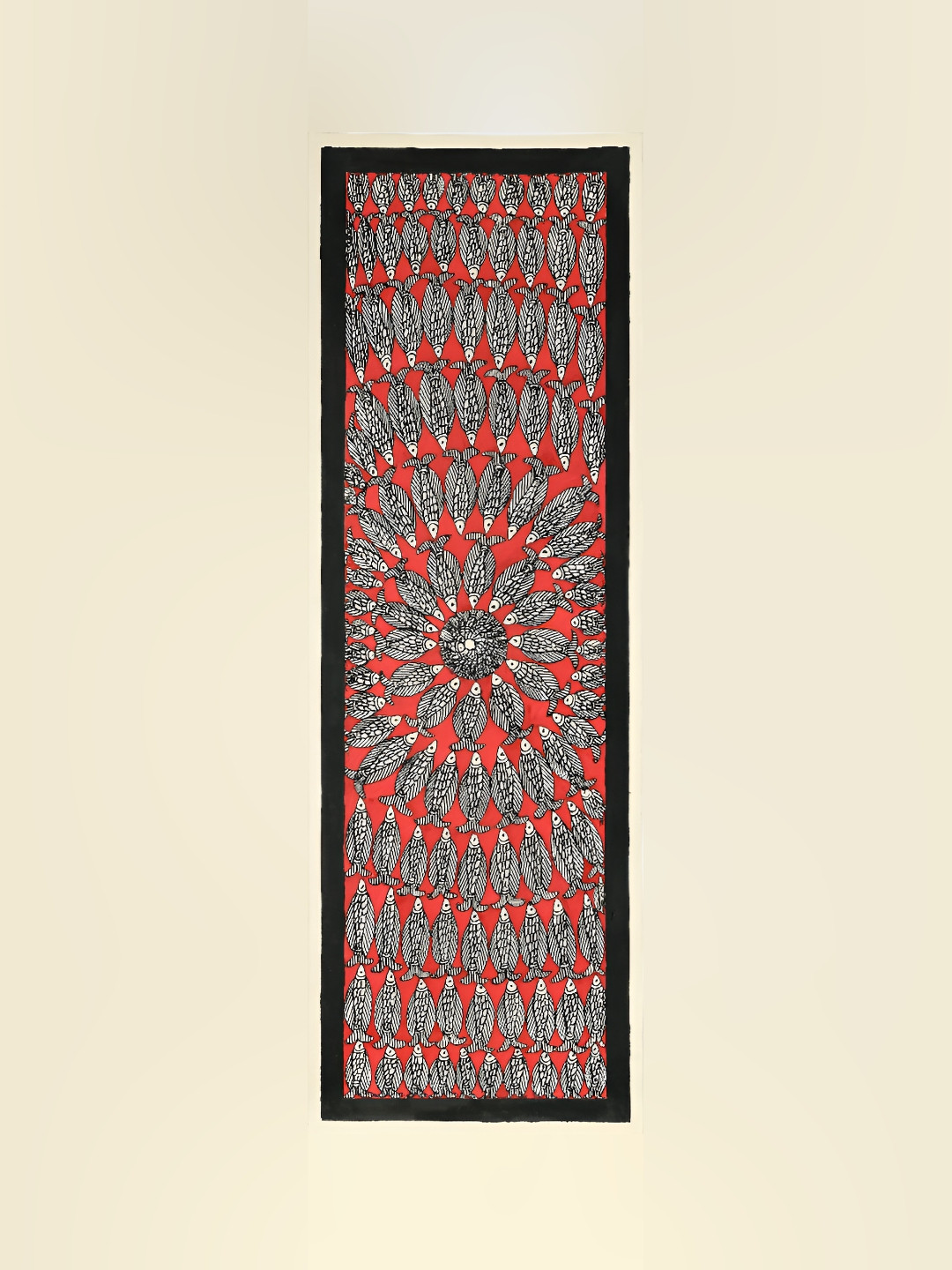 ARTDARSHAN Black & Red Madhubani Fish Mandala Painting Wall Art