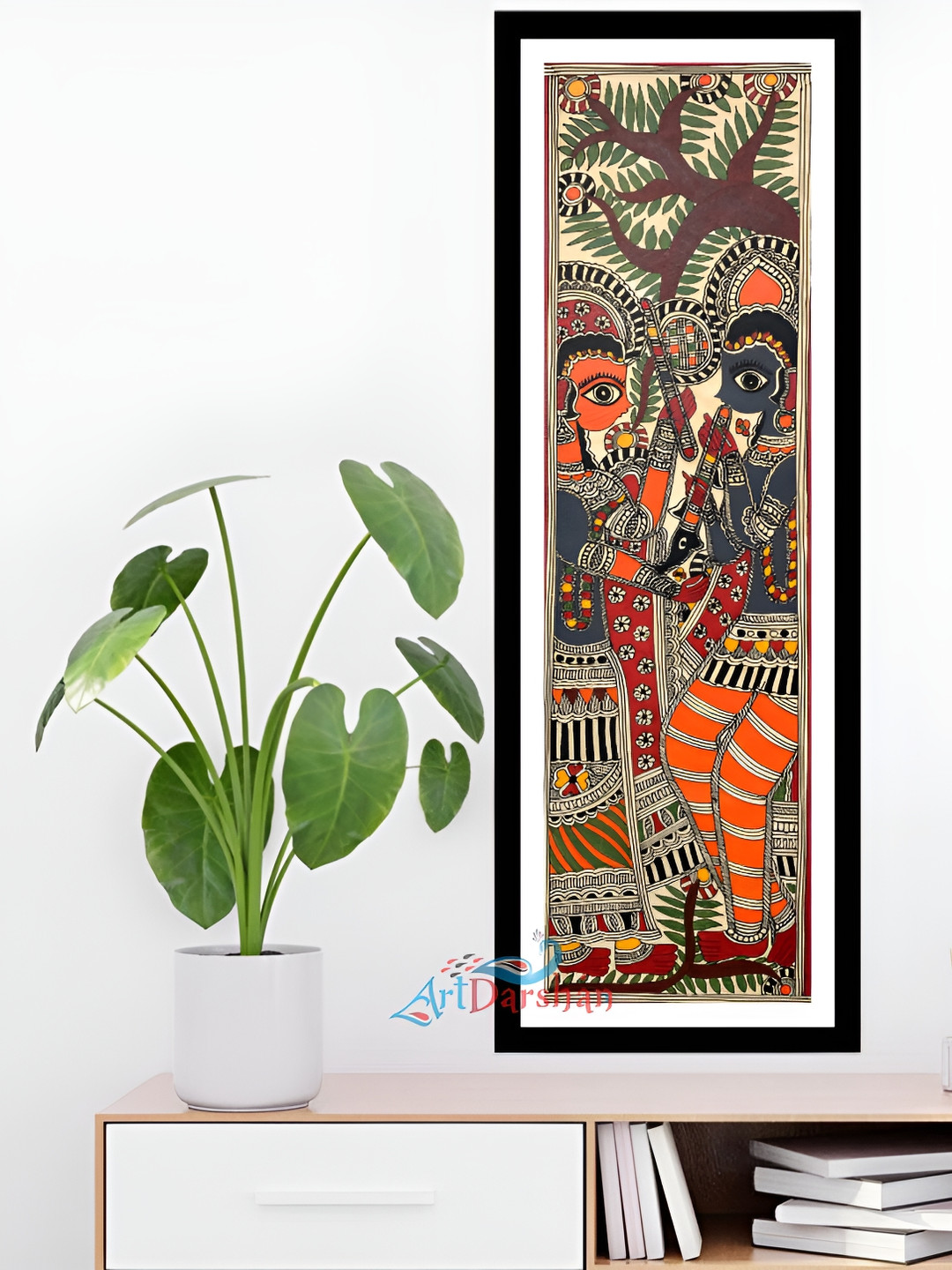 ARTDARSHAN Black & Red Madhubani Radha Krishna Painting Wall Art