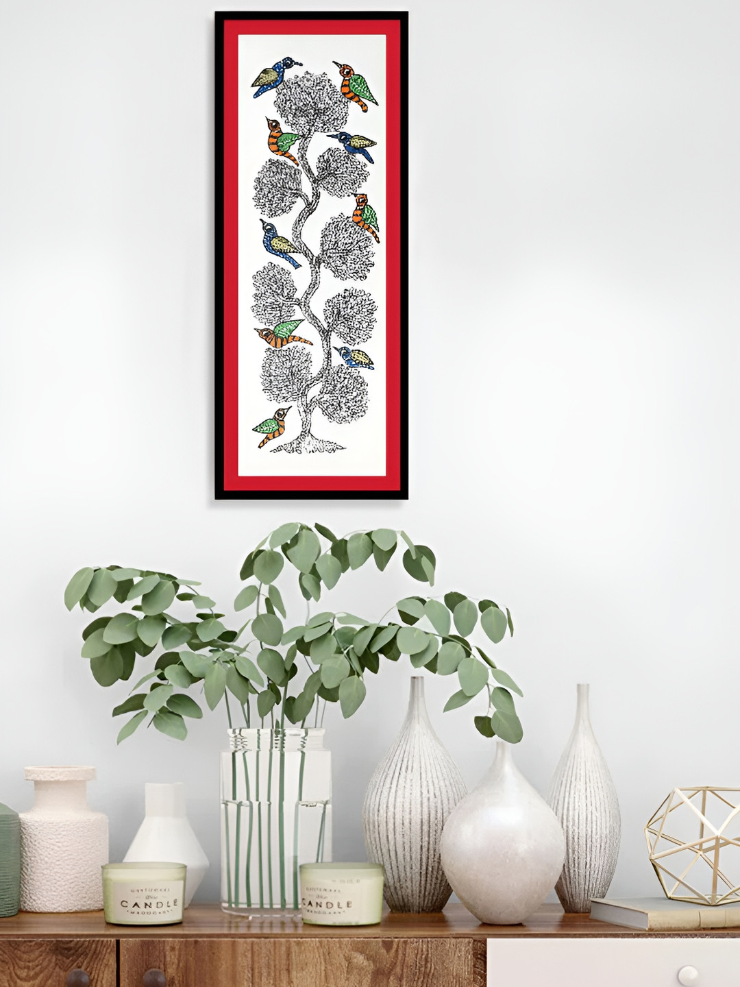 ARTDARSHAN Black & White Madhubani Tree and Birds Painting Wall Art