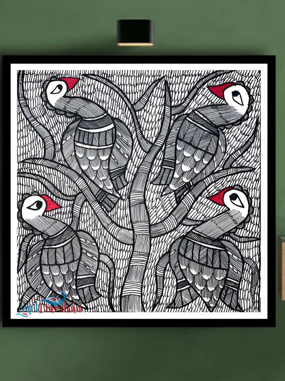 ARTDARSHAN White & Black Traditional Madhubani Painting Peacock  Wall Art