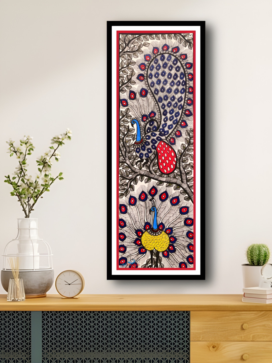 ARTDARSHAN Black & Beige Madhubani Peacock Painting Wall Art