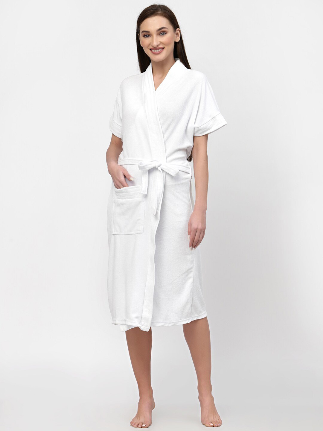 POORAK White Solid Terrycloth Drawstring Midi Bath Robe