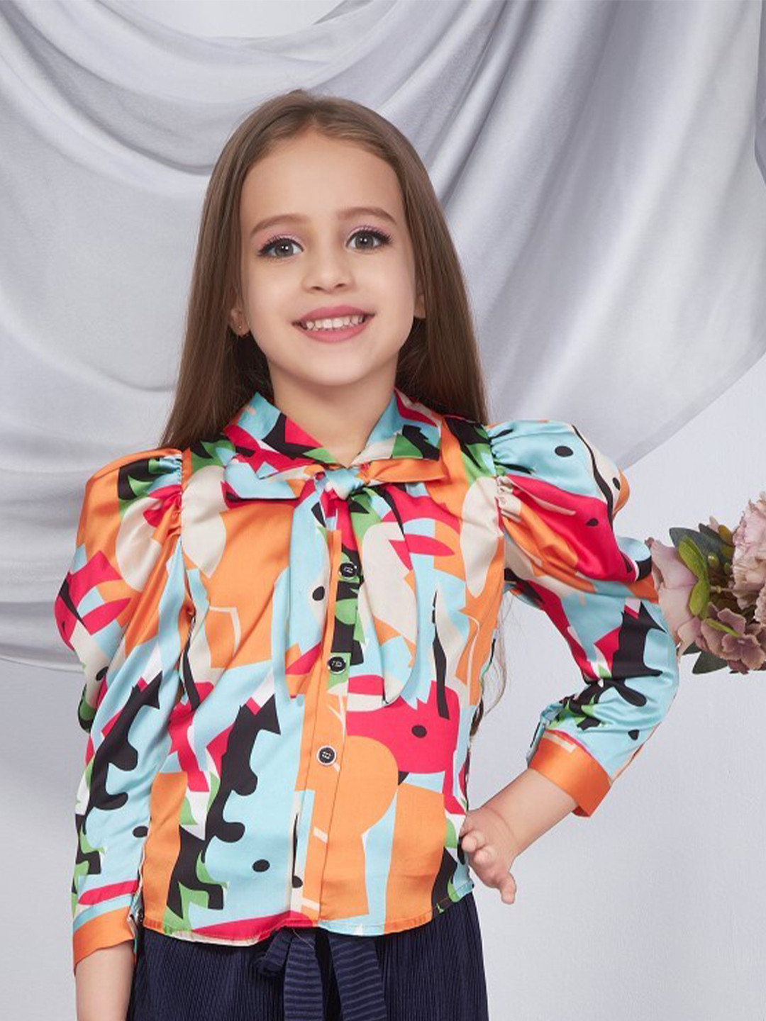 Peppermint Girl Tie-Up Neck Puff Sleeves Opaque Top