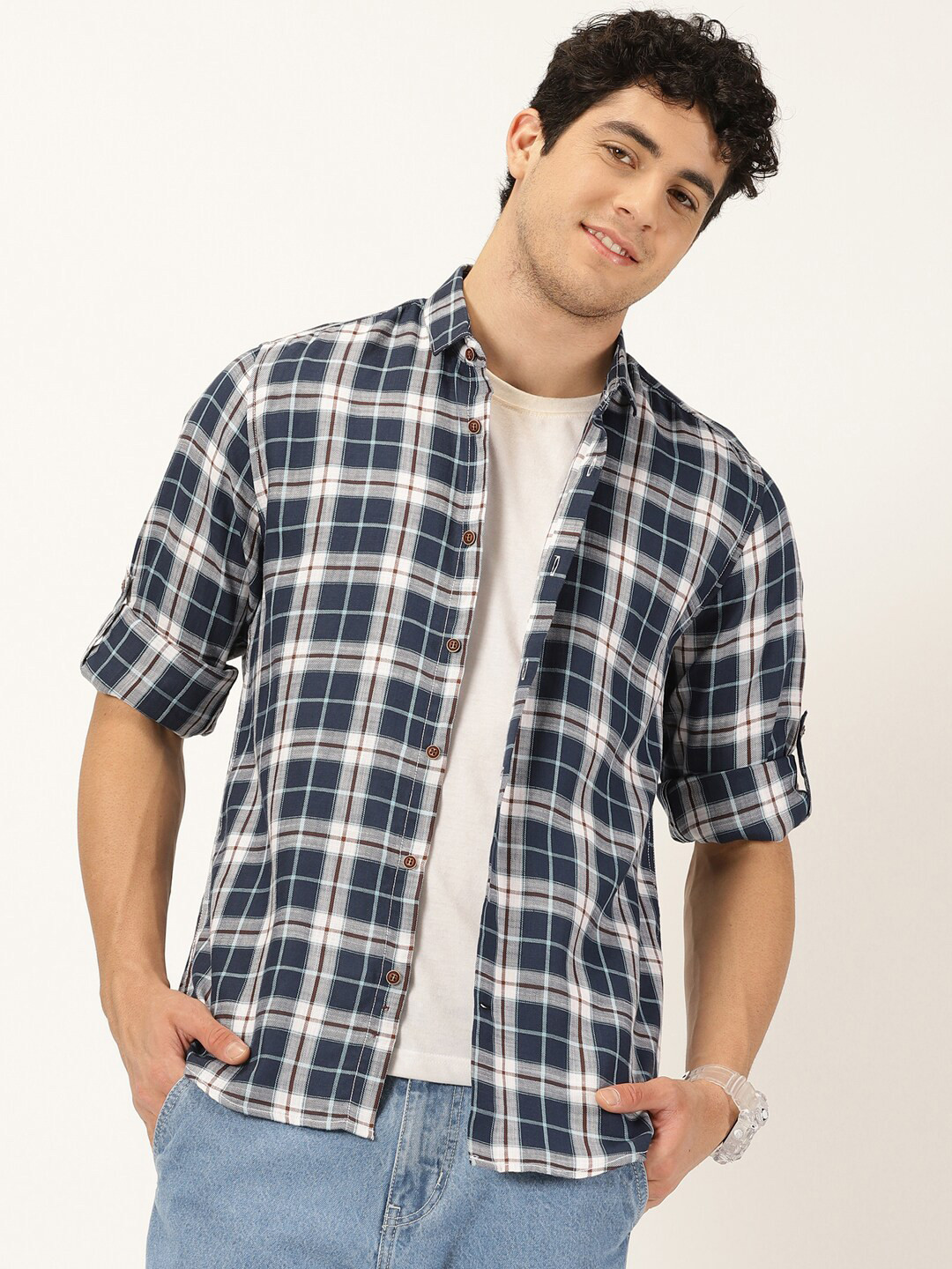 Mast & Harbour Navy Blue Classic Slim Fit Tartan Checks Opaque Casual Shirt