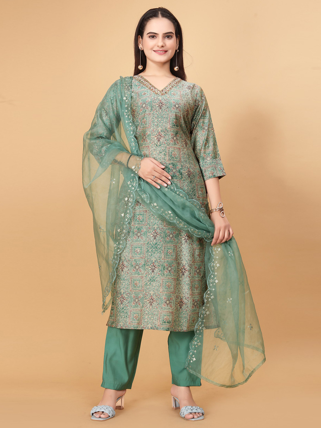 rashora Green Floral Chiffon A-Line Dress