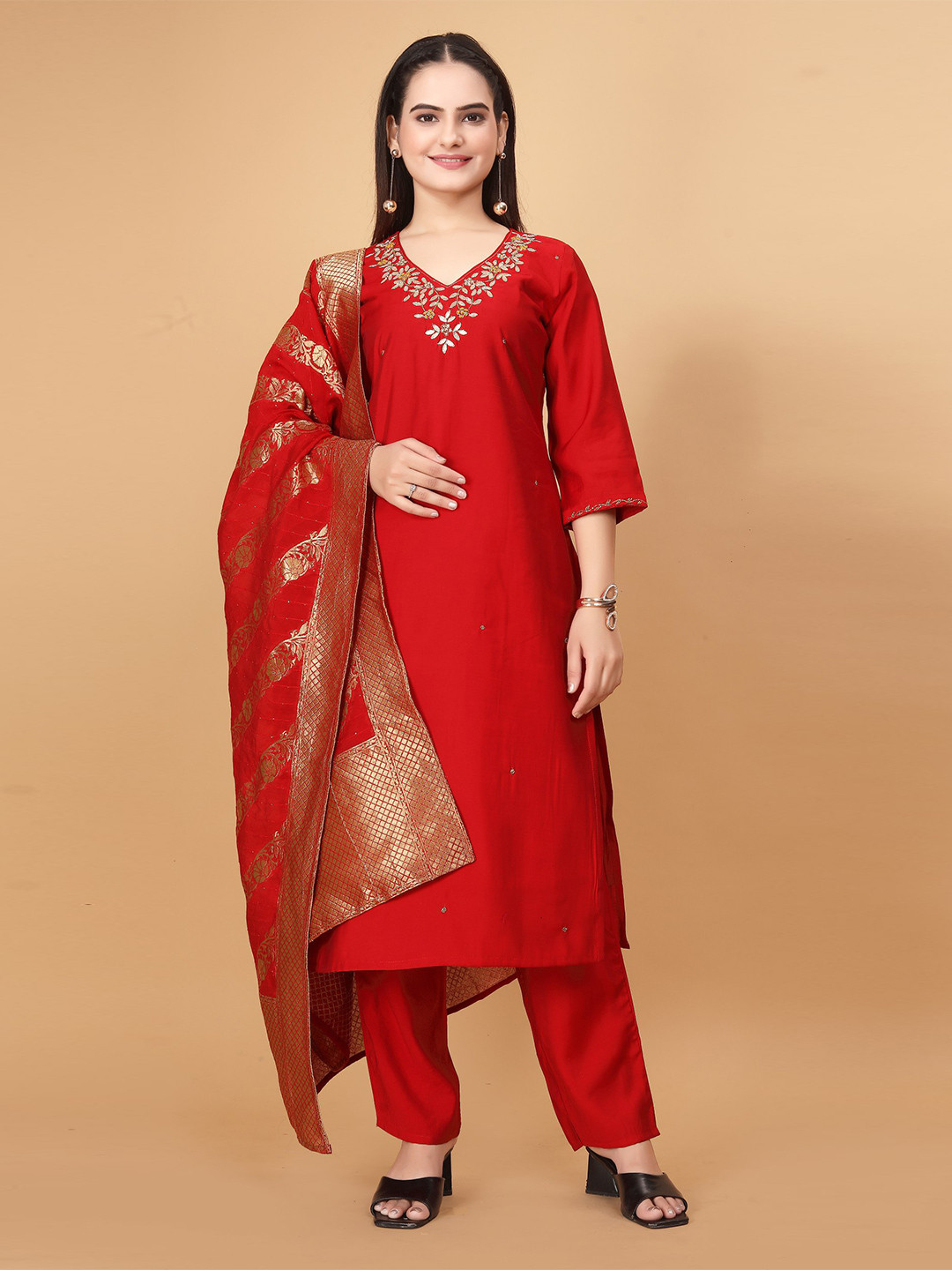 rashora Red Floral Chiffon A-Line Dress