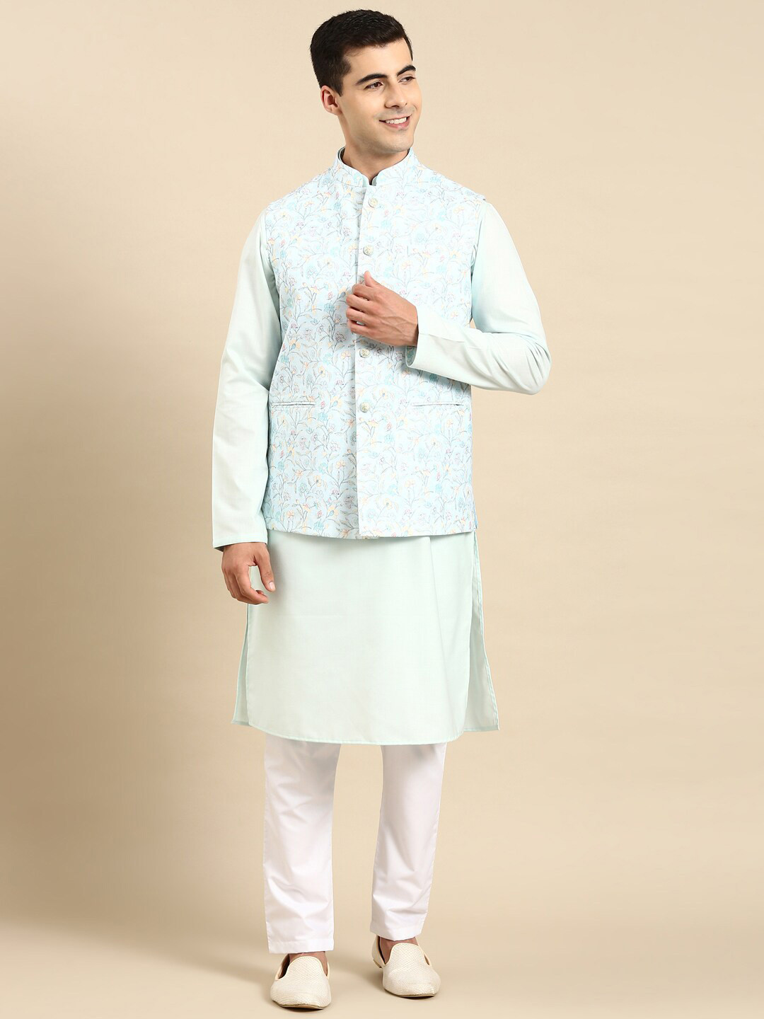 TheEthnic.Co Floral Printed Linen Nehru Jacket
