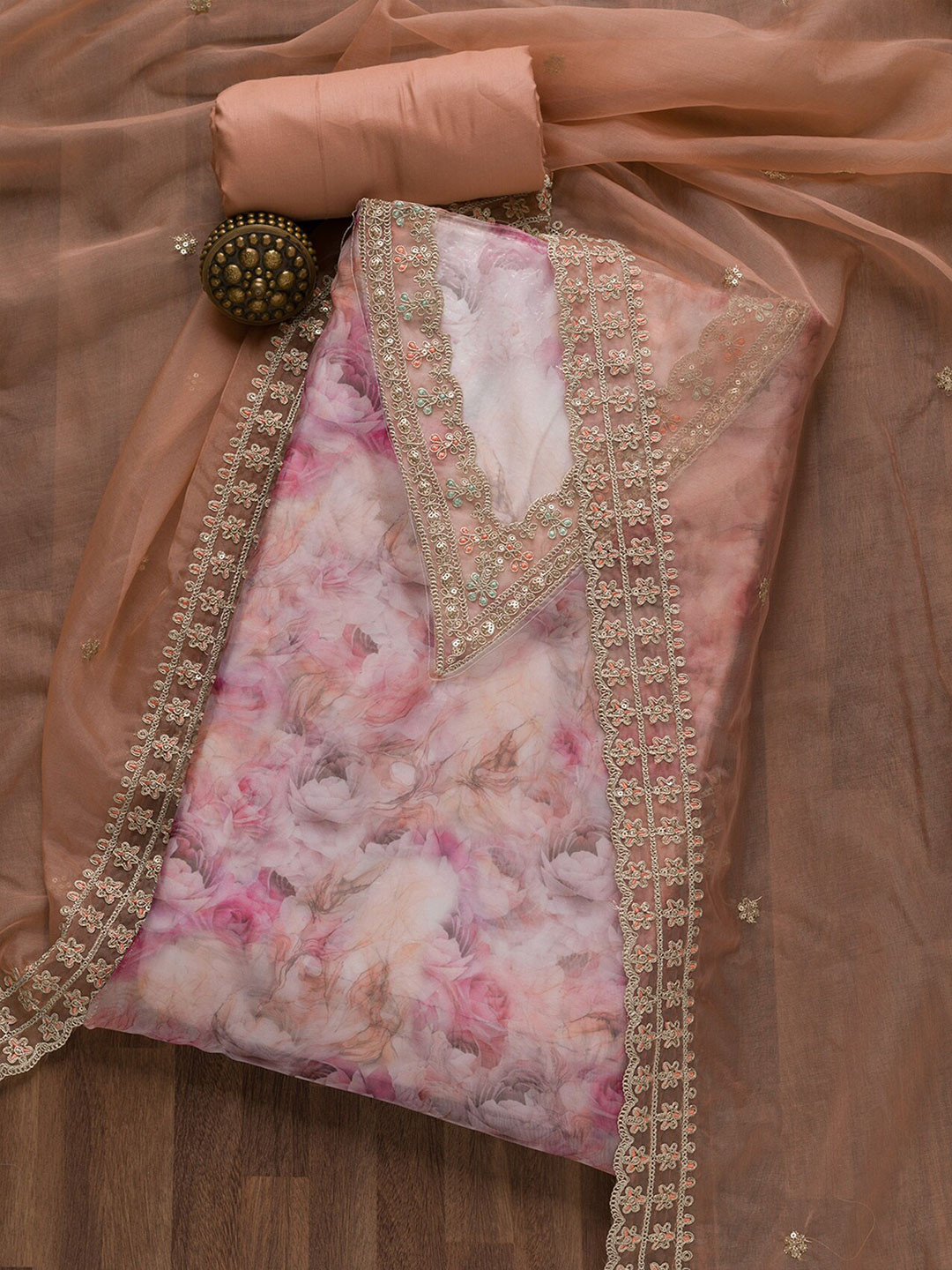 Koskii Floral Printed Sequinned Detailed Tissue Unstitched Dress Material