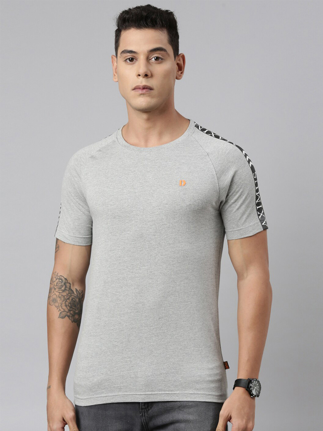 Dixcy Scott  Men's Reglan Sleeves Regular Fit Printed on Shoulder Styling T-Shirt (grey)
