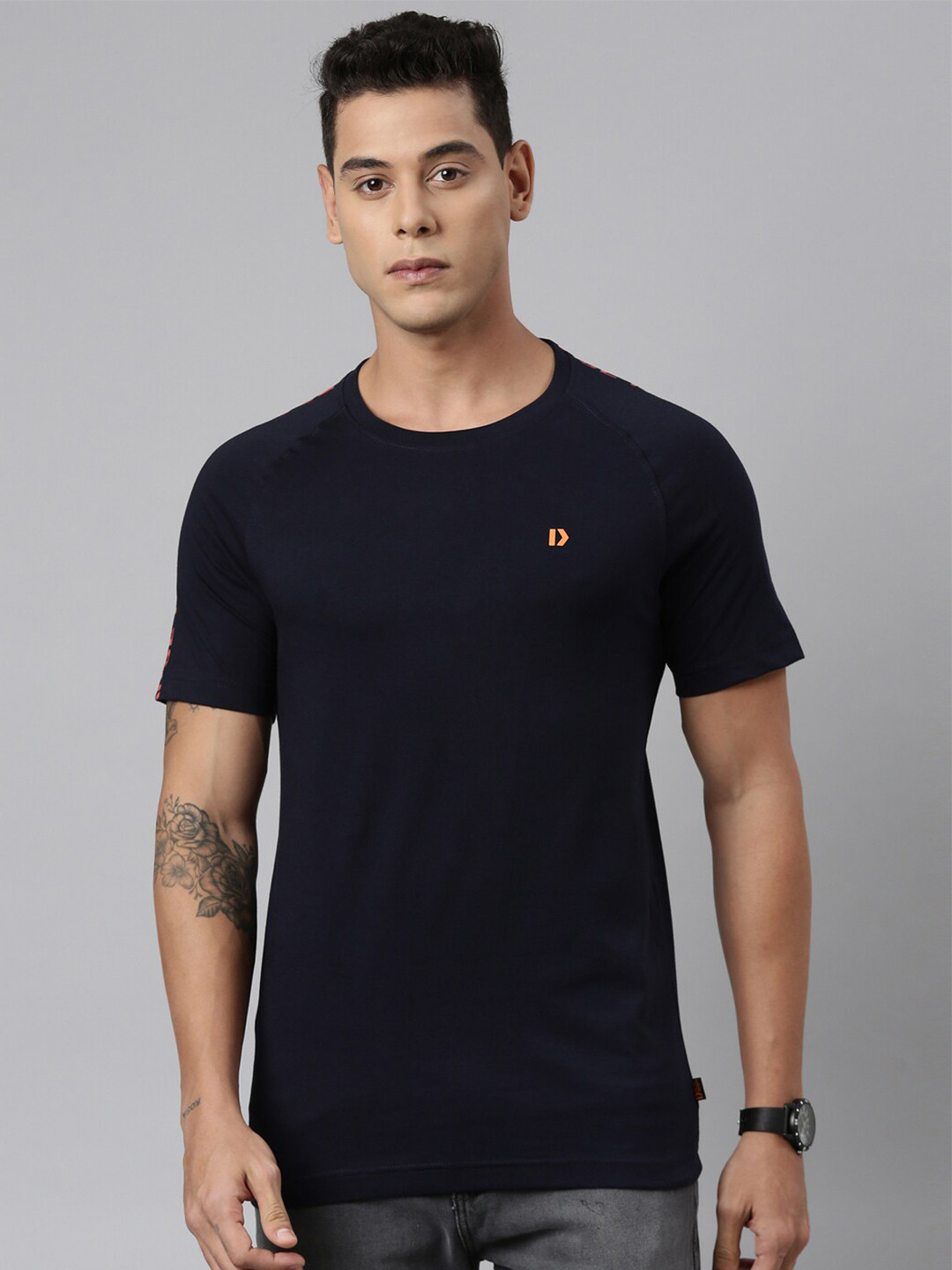 Dixcy Scott Men's Reglan Sleeves Regular Fit Printed on Shoulder Styling T-Shirt (blue)