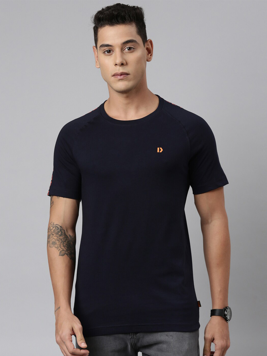 Dixcy Scott Men's Reglan Sleeves Regular Fit Printed on Shoulder Styling T-Shirt (blue)